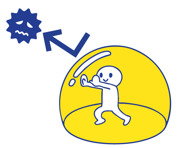 黄色い保護バブルの中にいる人が、バブルの外にいる青い厄介な細菌またはウイルスを止めるために手を上げているシンプルなイラスト。矢印はバブルから細菌を指しています。.